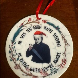 Holiday Horror Ornament with Red Santa Hat